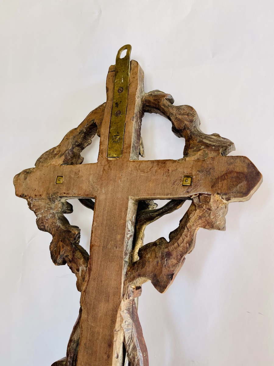 Crucifix Bénitier En Bois Sculpté -photo-3